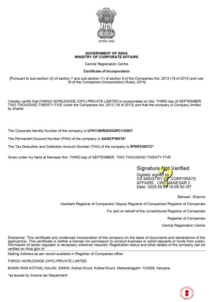 Fargoworldwide certificate of Incorporation